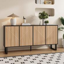 A Modern, Minimalist Side Cabinet With A Contrasting Black Design. High-Gloss Open Cabinet, Wood-Grain Finish On The Lower Cabinet, 3D Strip On The Front, Ample Storage Space, Ideal For The Xuanguan Area And Living Room - Màu Khaki - Xem 2