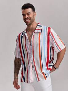 1pc Men's Contrast Color Red & White Striped Textured Polo Collar Single-Breasted Short Sleeve Shirt, Fashionable & Versatile Casual/Work Wear, Elegant For Holiday Parties, Suitable Gift For Father, Boyfriend, Dad, Friends - Red - View 4