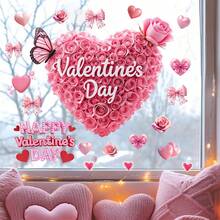 Floral Heart Window Clings Creative Removable Valentines Day Glass Decals Decor For Office Home Party - Pink - View 2