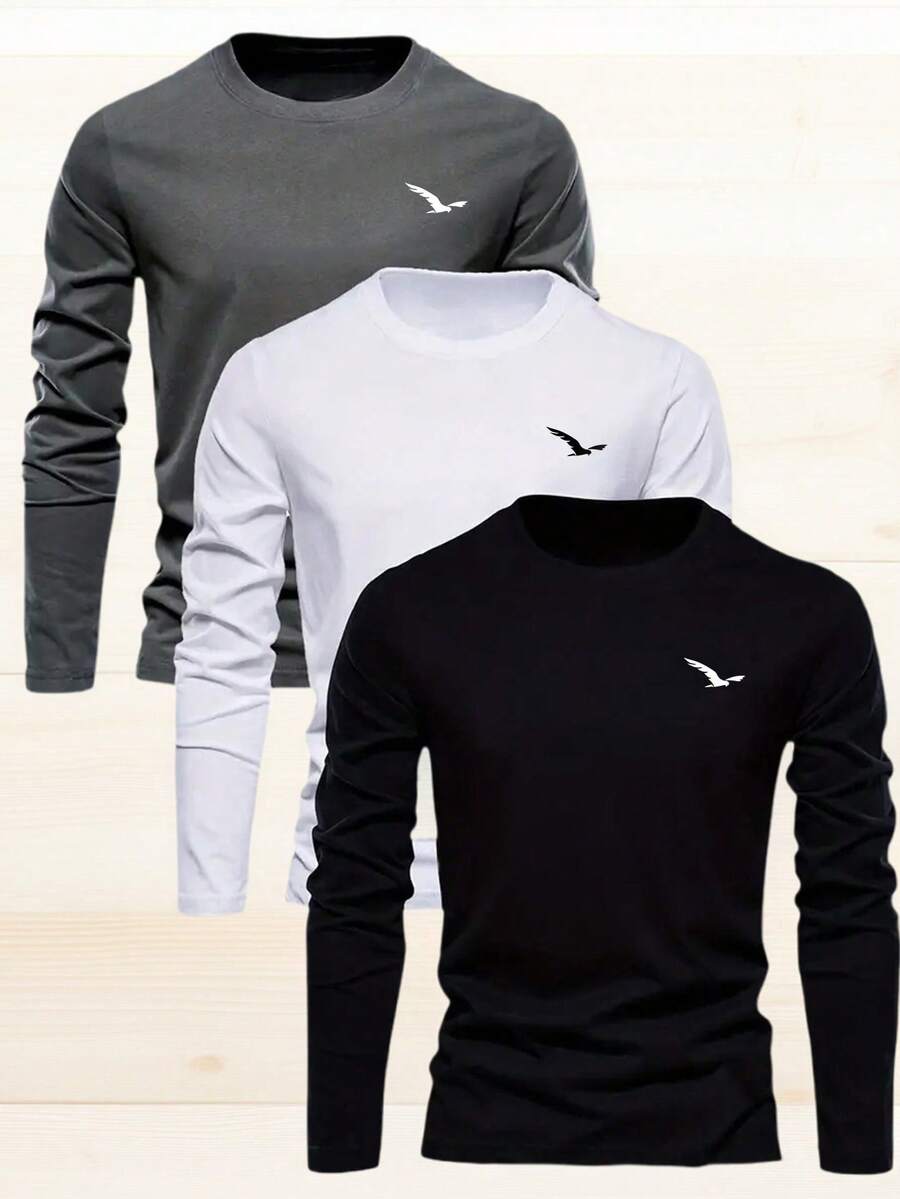 3件套男童休闲印花圆领长袖T恤，秋冬，学生/青少年服装 - Flying Eagle Design，年轻潮流引领者的终极T恤系列 - 深灰色 - 查看 1