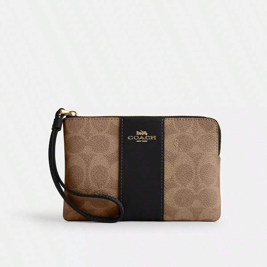 Coach Corner Zip Wallet Wristlet Bag In Signature Canvas With Stripe,Purses And Bags Women Wallet Bags For Women Valentine's Day Gift For Her CW854 - 黑色1 - 查看 1