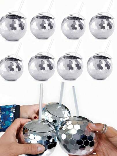 2pcs Silver Mirror Disco Ball Shaped Water Bottles, This Durable Water Bottle Features A Shimmering Mirror Disco Ball Design, Comes With A Reusable Straw, Blending Retro Party Charm And Practical Daily Use.