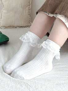 6 đôi tất dài đến bắp chân cho bé sơ sinh/trẻ nhỏ, màu trơn, thoáng khí, thoải mái, thanh lịch, dễ thương, có ren, thích hợp cho mùa xuân/hè. - trắng - Xem 2