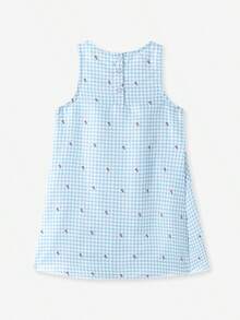Girls' Casual Plaid Print Suspender Dress With Embroidered Tea Cup - Light Wash - View 5