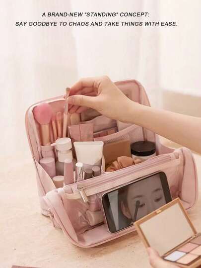 Vertical Compartment Makeup Bag - Large Capacity Travel Cosmetic Organizer, Multi-Functional Layered Design, Soft Material, Portable Desktop Skincare & Beauty Tool Storage Box, Great Gift For Women, Christmas Gift