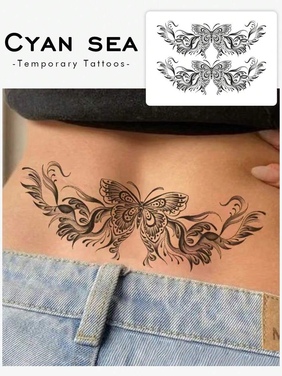 1 miếng dán hình xăm tạm thời chống thấm nước, chống mồ hôi, không phản chiếu, thiết kế hình bướm Succubus màu đen, thích hợp cho vùng eo và bụng, giữ được 3-5 ngày. - màu đen - Xem 1
