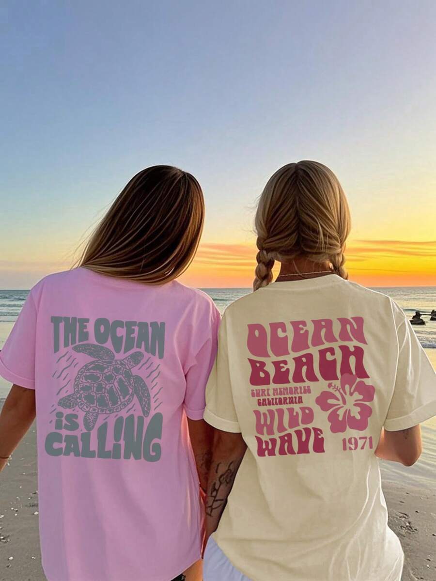 2-teiliges Set, Damen Sommer Casual Urlaubs Stil vielseitiger Buchstaben- und Schildkrötendruck Rundhals Kurzarm T-Shirt.