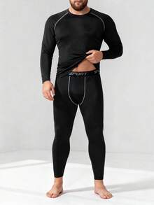 Men's Plus Size Fleece Lined Thermal Underwear, 2-Piece Compression Base Layer Set, Long Sleeve Top & Pants, Warm Loungewear For Running, Yoga, Basketball & Winter Activities - Dark Gray - View 3