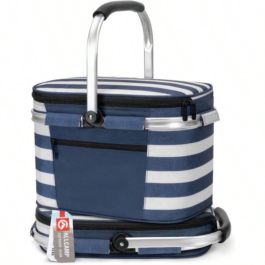 ALLCAMP - Canastas aisladas para pícnic Cesta de Compras Bolsa enfriadora Plegable portátil para Picnic Rayas Azules y Blancas - Azul - Ver 1
