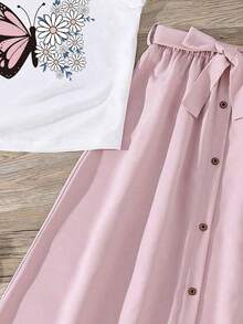 Girls Butterfly Print Short Sleeve Top And Long Skirt Set - Pink - View 4