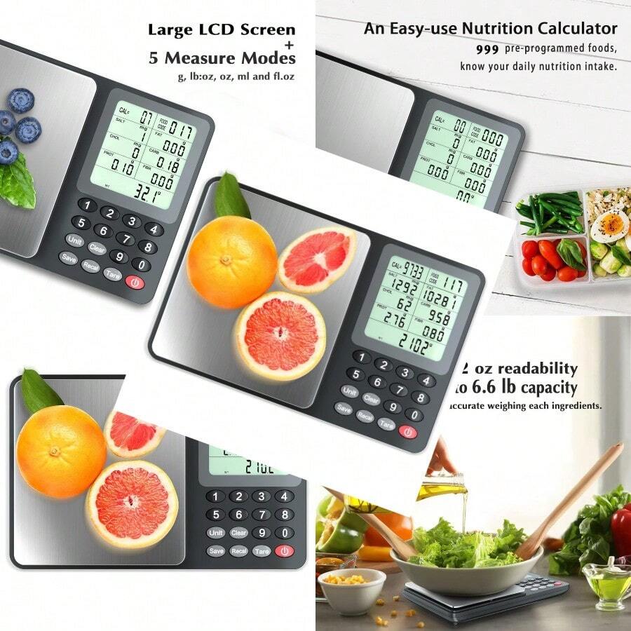 Fuzion Báscula Nutricional para Alimentos Báscula Digital para Alimentos para Bajar de Peso Cálculo de Datos Alimentarios Macro Calorías Preparación de Comidas Control de Porciones Acero Inoxid - Negro - Ver 1