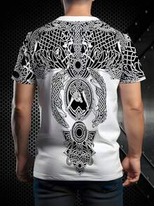 Men's Celtic Knot & Dragon Print T-Shirt - Black & White Contrast Graphic, Regular Fit Crew Neck Casual Top, Machine Washable, Comfortable Artistic Print Shirt With Exquisite Details - White - View 5
