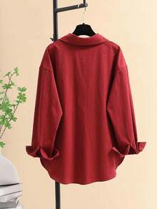 Minimalist Lapel Long Sleeve Loose Women's Shacket, Featuring Shirt Collar And Asymmetric Hem Design - Burgundy - View 3