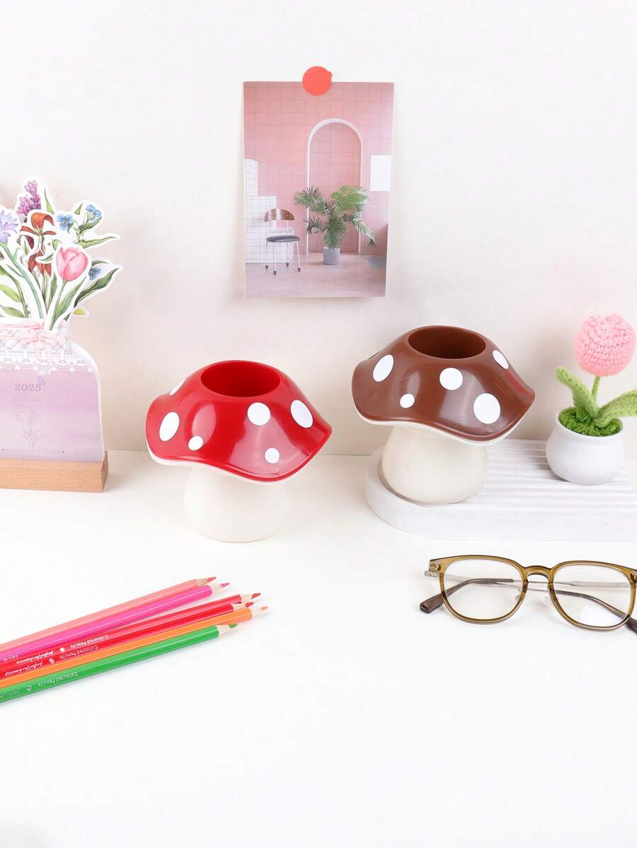 1pc Plant-Shaped Mushroom Pen Holder, Stylish Pen Holder That Makes Organizing And Accessing Pens Convenient, For Stationery Storage And Desk Decoration(With Sticker) - Multicolor - View 1