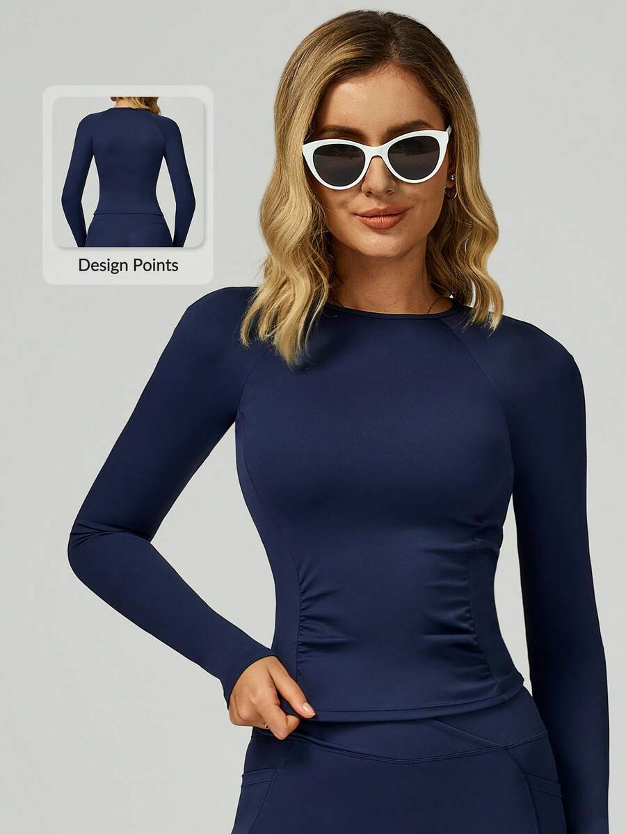 MASKERT 女士紧身长袖露脐上衣和打底裤瑜伽连体衣，长袖运动连体衣，速干高弹 - Dark Blue - 查看 1
