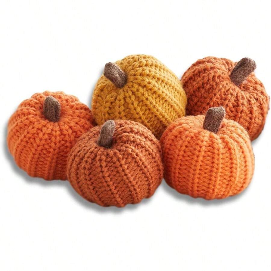 Knit Pumpkins Set Of 5, Fall Favorite, Gifts Women, Autumn Bowl Fillers Fall Farmhouse Tier Tray Decor, Decorative Pumpkins Friend Autumn Set - Mini Knit Orange - 查看 1
