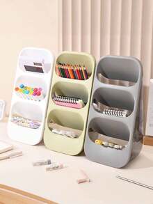 1pc Multi-Layer Divided Desktop Storage Box, Slanted Desktop Organizer Rack, Pen Holder, Utensil Holder, Suitable For Stationery, Makeup Brushes, Lipstick, Eyebrow Pencil - Durable PP Material, Odorless, Suitable For Dorm And Office Desk Organization, Office Desk Accessory - Multicolor - View 9