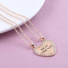 2pcs Heart Shaped Zirconia Friendship Pendant Necklaces, Gift For Best Friends - Yellow Gold - View 6