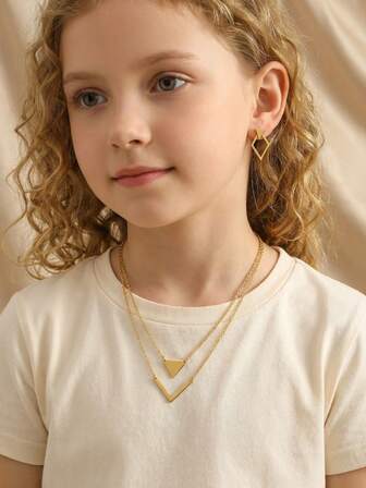 3pcs/Set Minimalistic Elegant Premium Geometric Triangle V Pendant Necklace & Stud Earrings For Teenagers Fashion Delicate Choker Necklace Suitable For All Seasons As A Gift For Teachers Graduates Family & Friends