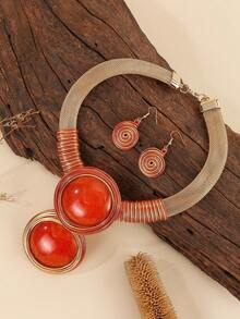 Exaggerated Multi-Layer Handmade Heavy Aluminum Wire Woven Resin Chain Bohemian European And American Middle Eastern European Korean Version Evening Party Holiday Ladies Wax Line Resin Teardrop Necklace Earrings - Orange - View 8