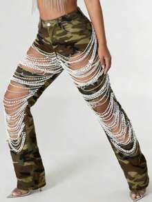 GLOURI Women's Camo High-Waisted Pants - Pearl Chain Accent & Ripped Detail | Edgy Dazzling Style For Music Festivals, Night Out Gatherings & Fashion Events (Slim-Fitting Silhouette & Eye-Catching Chain Detail) For Bold Stylish Looks - 迷彩 - 查看 4