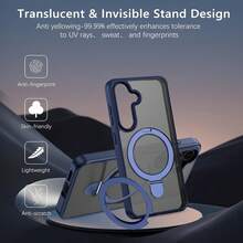 1pc Blue Clear Matte Invisible Ring Holder Stand Case Compatible With IPhone 17pro/17promax/Apple Air/17/ 16 15 14 13 12 11 Pro Plus Max And Compatible With Samsung Galaxy /S25Ultra/S25Plus/S25/S24Ultra/S24Plus/S24, Wireless Charge Glass Lens Cap Film Cover, Send Lens Protection Film - Blue - View 3