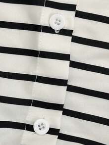 女士新款简约时尚休闲街头撞色条纹翻领半开襟纽扣蝙蝠袖蝴蝶结抽绳修身连体裤，日常通勤必备，春夏款 - 黑與白 - 查看 9