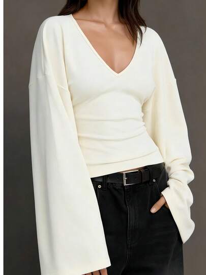 Plus Size Women V-Neck Long Sleeve Ruched Waist Top, Ruffle Cuff, Regular Hem