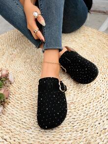 Dép lê nữ thời trang đính pha lê, dép bít mũi hình trái tim có khóa cài, đế dày, dép đi trong nhà hàng ngày, đế mềm nhẹ, thích hợp đi làm, đi biển, mùa xuân/hè. - màu đen - Xem 4