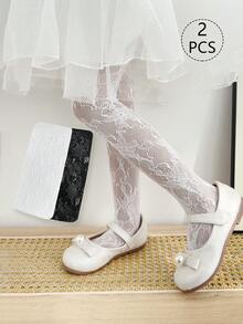 2 件女童和幼儿花卉提花紧身裤，黑白纯色，玫瑰花朵网眼无脚紧身裤，可爱的学院风无脚裤，适合日常穿着，搭配裙子、短裤、鞋子，开学季 - 彩色 - 查看 7