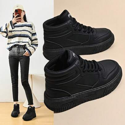 女士休闲运动鞋，新款高帮滑板鞋，厚底平底圆头套脚滑板鞋，白色透气除臭个性街头风摩托车靴，户外旅行度假真皮摩托车靴