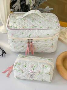 1pc Friend Gift Green Floral Bow Plaid Quilted Girls Makeup Bag, Portable Large Capacity Cosmetic Bag With Zipper, Suitable For Travel And Vacation Essentials, Can Store Sanitary Pads, Keys, Phone, Charger, Lipstick, Cosmetics, Perfume, Makeup Brushes, Etc., Can Be Used As Skincare And Beauty Product Storage Bag, Suitable For Women, Students, Female Students, Also An Ideal Choice For Holiday And New Year Gifts. - Green - View 8
