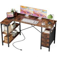 Sweetcrispy L Shaped Desk With Shelf Drawers, White Corner Computer Desks Gaming With Power Outlet, Study Table With Adjustable Shelves, Home Office Tables For Bedroom Teacher Reading Writing - 棕色 - 查看 12