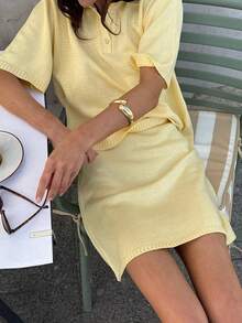Ensemble top à manches courtes et mini-jupe tricotés minimalistes de style européen et américain à la mode VIBEWAVE pour le printemps/été - Jaune citron - Voir 2