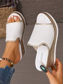 Nuevas sandalias de plataforma y cuña para mujer de verano, pantuflas con suela gruesa y parte superior transpirable, colores contrastantes, adecuadas para uso casual, vacaciones, elegante y uso en la playa - Blanco - Ver 3