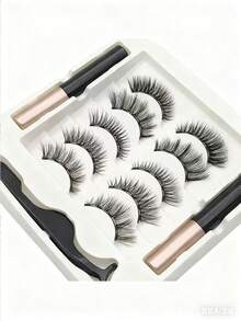 5 Pairs Magnetic False Eyelashes Set, Natural Look, Synthetic Eyelashes, Makeup - Black - View 3