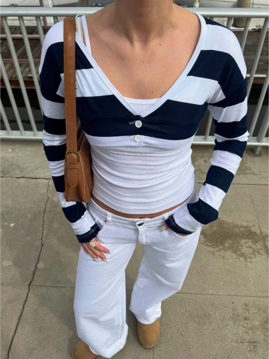 Y2K Women Retro Striped V Neck Button Crop Long Sleeve Top Casual Going Out Daily Shirt - 黑色 - 查看 1