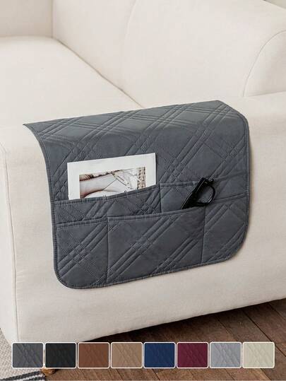 1pc Plain Sofa Armrest Cover With Pocket, Non-Slip Sofa Armrest Protector, Hanging Storage Bag For Remote Control And Phone