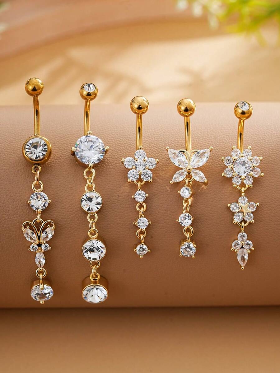 Bộ 5 khuyên rốn dài bằng thép không gỉ, thiết kế hình hoa bướm 4 đoạn đính đá Cubic Zirconia, mạ vàng 18K, trang sức gợi cảm dành cho nữ, thích hợp cho các dịp lễ hội. - Vàng - Xem 1