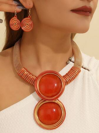 Exaggerated Multi-Layer Handmade Heavy Aluminum Wire Woven Resin Chain Bohemian European And American Middle Eastern European Korean Version Evening Party Holiday Ladies Wax Line Resin Teardrop Necklace Earrings