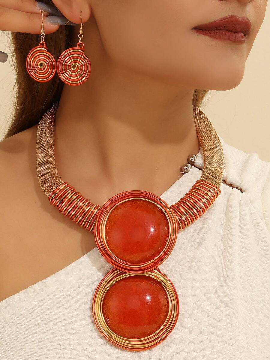 Exaggerated Multi-Layer Handmade Heavy Aluminum Wire Woven Resin Chain Bohemian European And American Middle Eastern European Korean Version Evening Party Holiday Ladies Wax Line Resin Teardrop Necklace Earrings - Orange - View 1