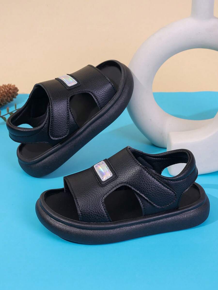 1 Pair Unisex New Style PU Hook And Loop Design Flat Open Toe Sandals, Soft Sole Non-Slip Children Beach Shoes, Suitable For Summer - Black - View 1