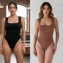 Set Of 2 Women's Bodysuits With Wide Straps And A Square Neckline. - 咖啡/黑咖啡 - 查看 6
