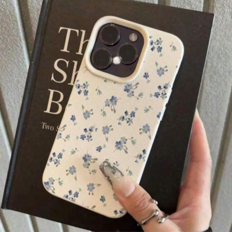 Flower 1pc TPU Material Elegant Blue Floral Full Screen Pattern Phone Case Compatible With Iphone 17/16/15/14/13/12, Fashionable & Fresh - White - View 1