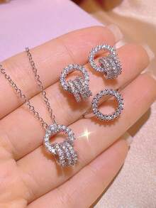 1 Necklace, 1 Ring, 1 Pair Earrings Luxury Elegant Jewelry Set - Silver - View 7