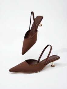 Elegant Satin Women's Pointed Toe Slip-On High Heels, Minimalist Chic Nude Strap High Heels - Brown - View 8