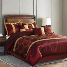 7 Pieces Comforter Set - Burgundy And Gold Faux Silk Fabric Embroidered - Bed In A Bag - 1 Comforter, 2 Shams, 3 Decorative Pillows, 1 Bedskirt - Màu Đỏ Sâu - Xem 8