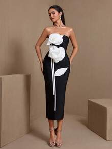 Contrast Color Elegant Women's Party Bandage 3D Floral Zipper Formal Evening Holiday Dress Wedding Fall - Black and White - View 3