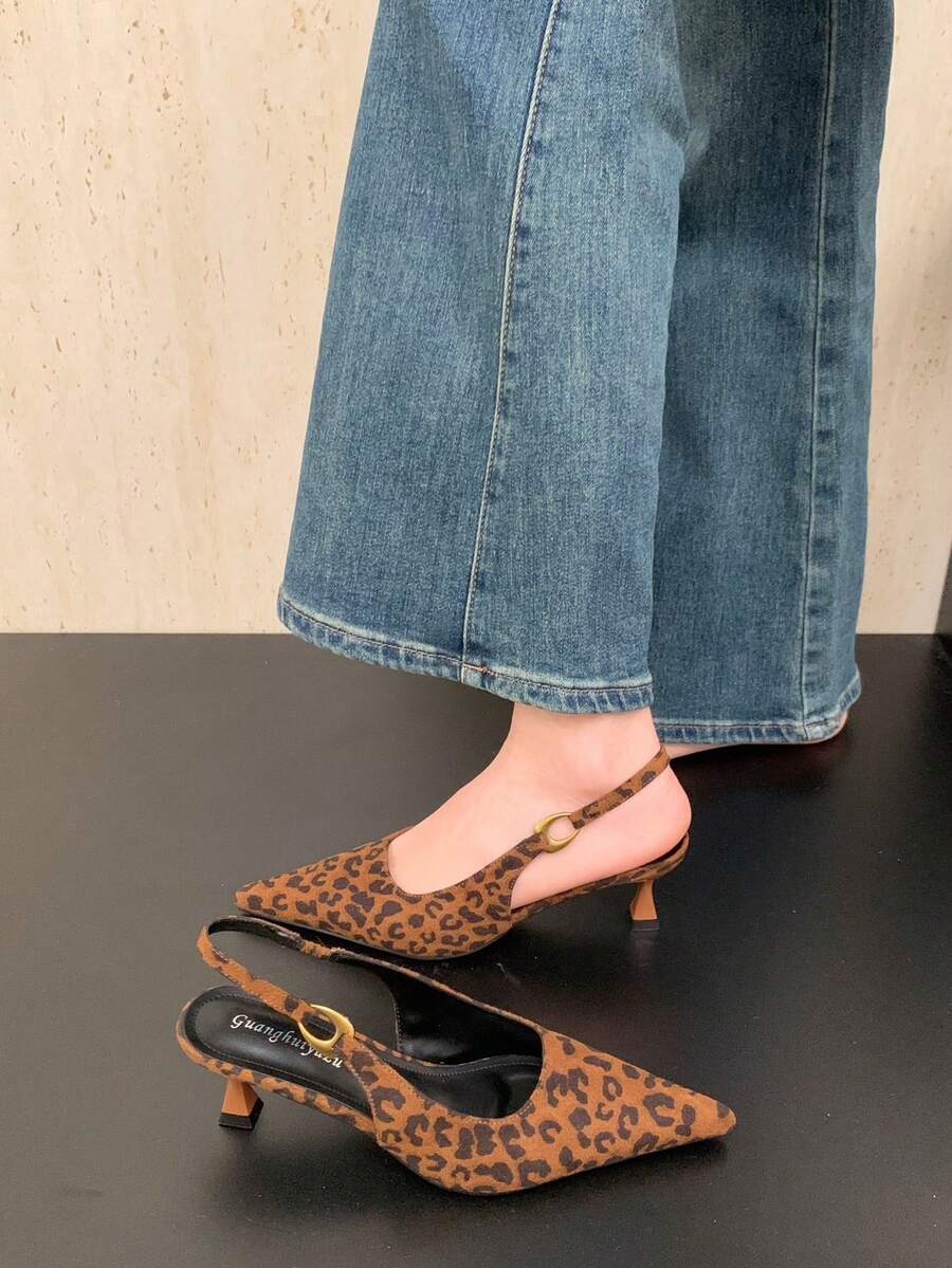 Sandal Hak Kitten Model Slingback Ujung Lancip Gaya Prancis Terbaru Musim Semi/Panas, Sandal Hak Tinggi Tanpa Tali dengan Motif Leopard Serbaguna untuk Wanita - MultiWarna - View 1