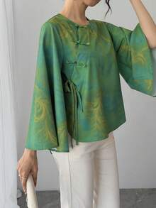 1pc Women's Tie-Dye Green Printed Asymmetric Collar Oblique Placket Single-Breasted Tie-Front Short Back Long Flare Sleeve Elegant Chinese Style Top - Comfortable And Breathable Festival Attire, Perfect For Beach Vacation, Work, Daily Wear, Party, Banquet, Wedding, New Year, Spring Festival And Other Occasions, An Ideal Gift For Girlfriend, Wife, Mother, Mother's Day